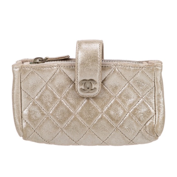 AUTH CHANEL Metallic Gold Phone Case Card Holder Pouch - Picture 2 of 6